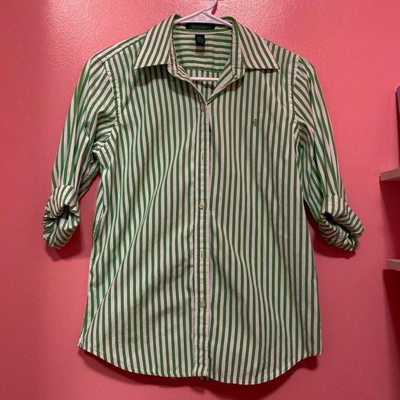 Ralph Lauren Green Stripe Button Down Shirt - Picture 2 of 5